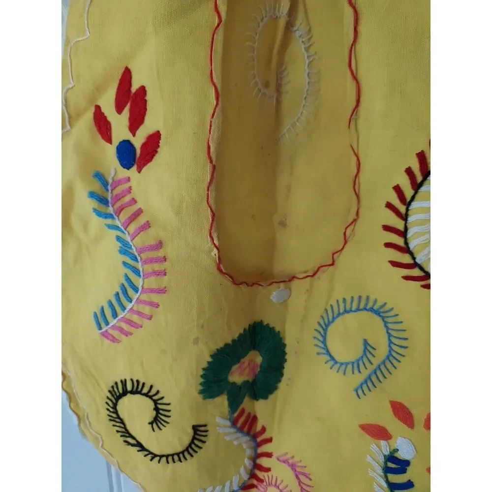 Vintage Half Apron Yellow Portugal‎ Embroidered Floral Traditional Pocket